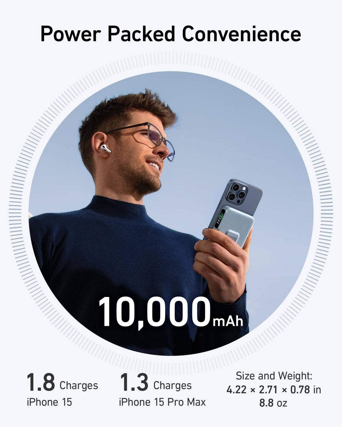 Anker holding iPhone 15 with 10,000mAh power bank for portable charging.