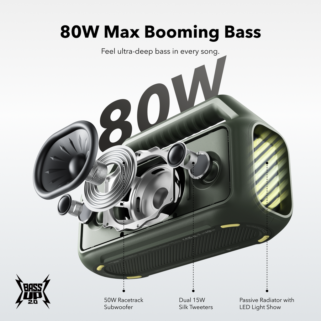 soundcore best outdoor speaker with 80W subwoofer and LED radiator