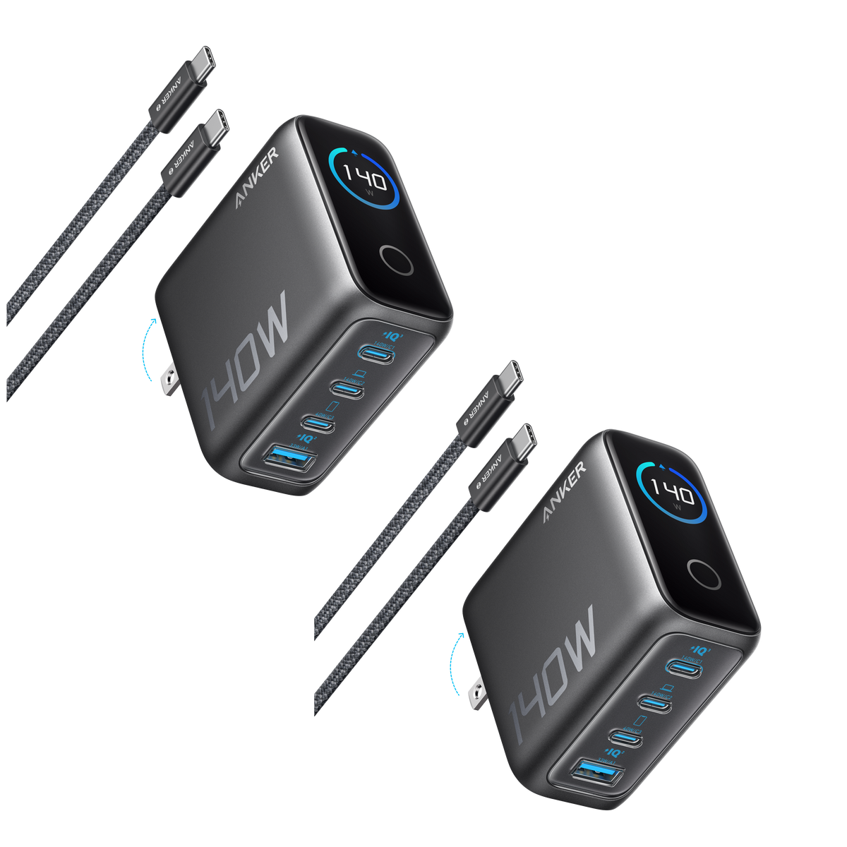 2-Pack Anker Laptop Charger (140W, 4-Port, PD 3.1) with 2-Pack USB-C Cable