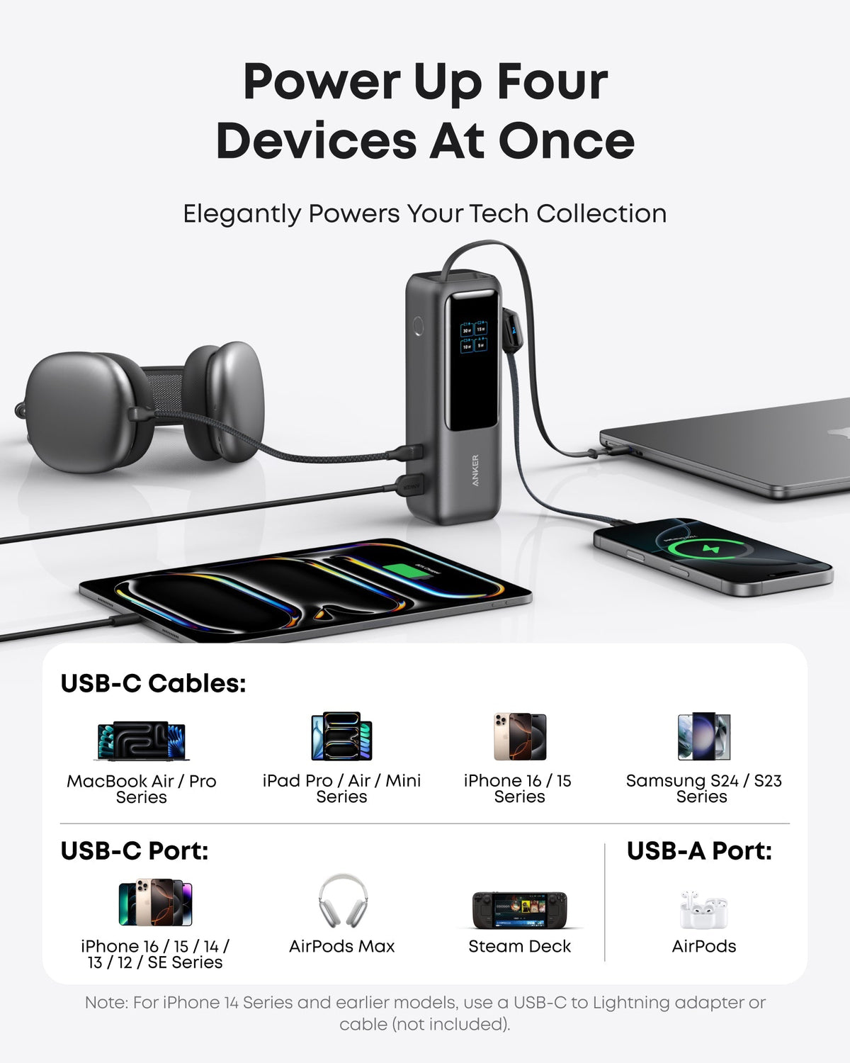 Anker Laptop Power Bank (25K, 165W, Built-In and Retractable Cables) and Anker Laptop Charger (140W, 4-Port, PD 3.1) with USB-C Cable and Anker Nano Power Bank (10K, 45W, Built-In Retractable USB-C Cable)
