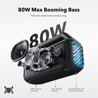 soundcore outdoor speaker with 80W booming bass and colorful light