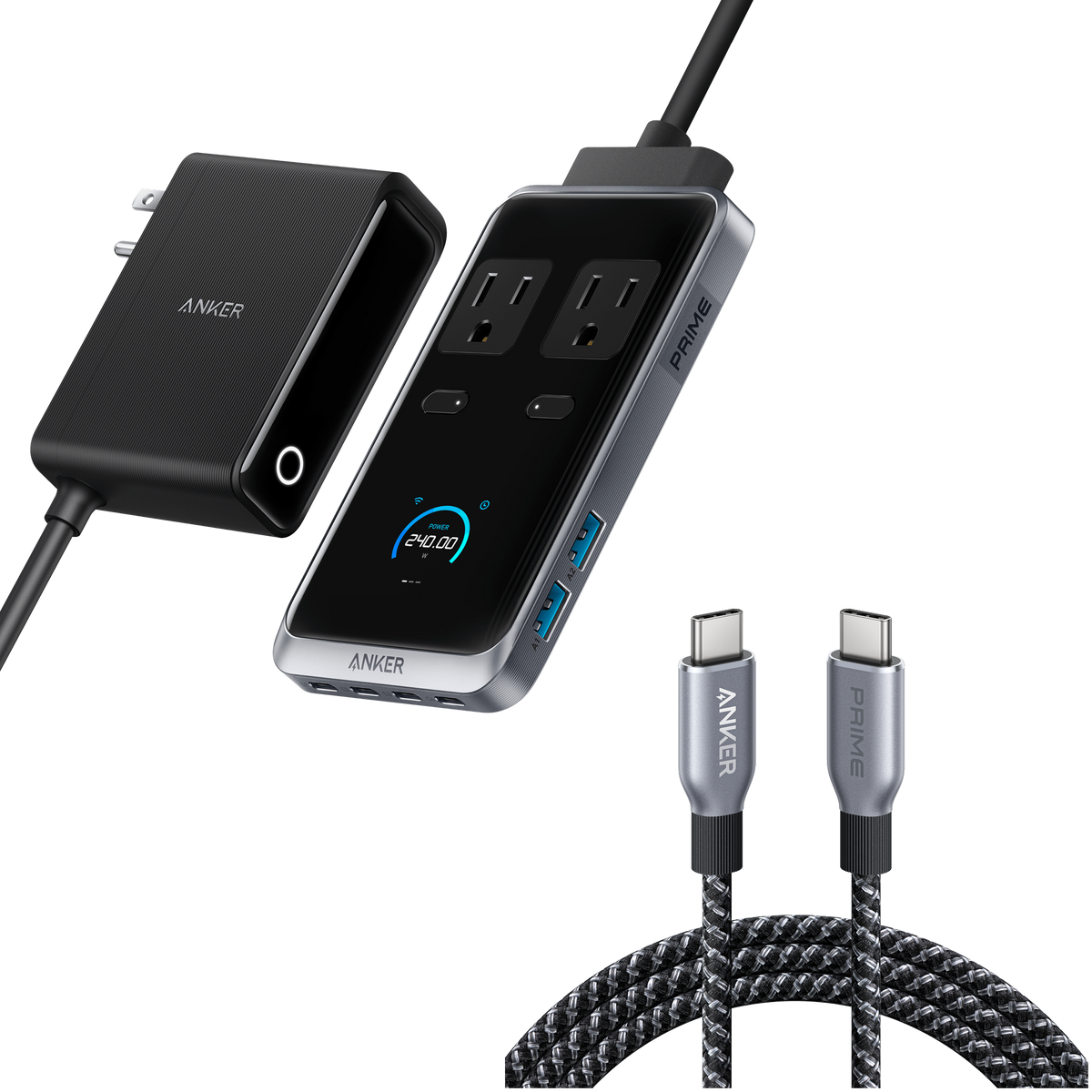 Anker Prime Charging Station (8-in-1, 240W) and Anker Prime USB-C to USB-C Cable (240W, Upcycled-Braided)