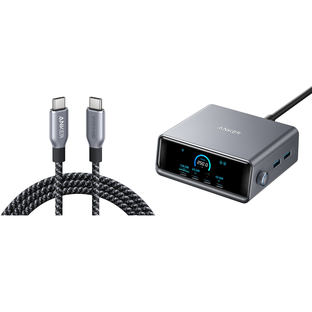 Anker Prime Charger (250W, 6 Ports, GaNPrime) with USB-C to USB-C Cable (240W)