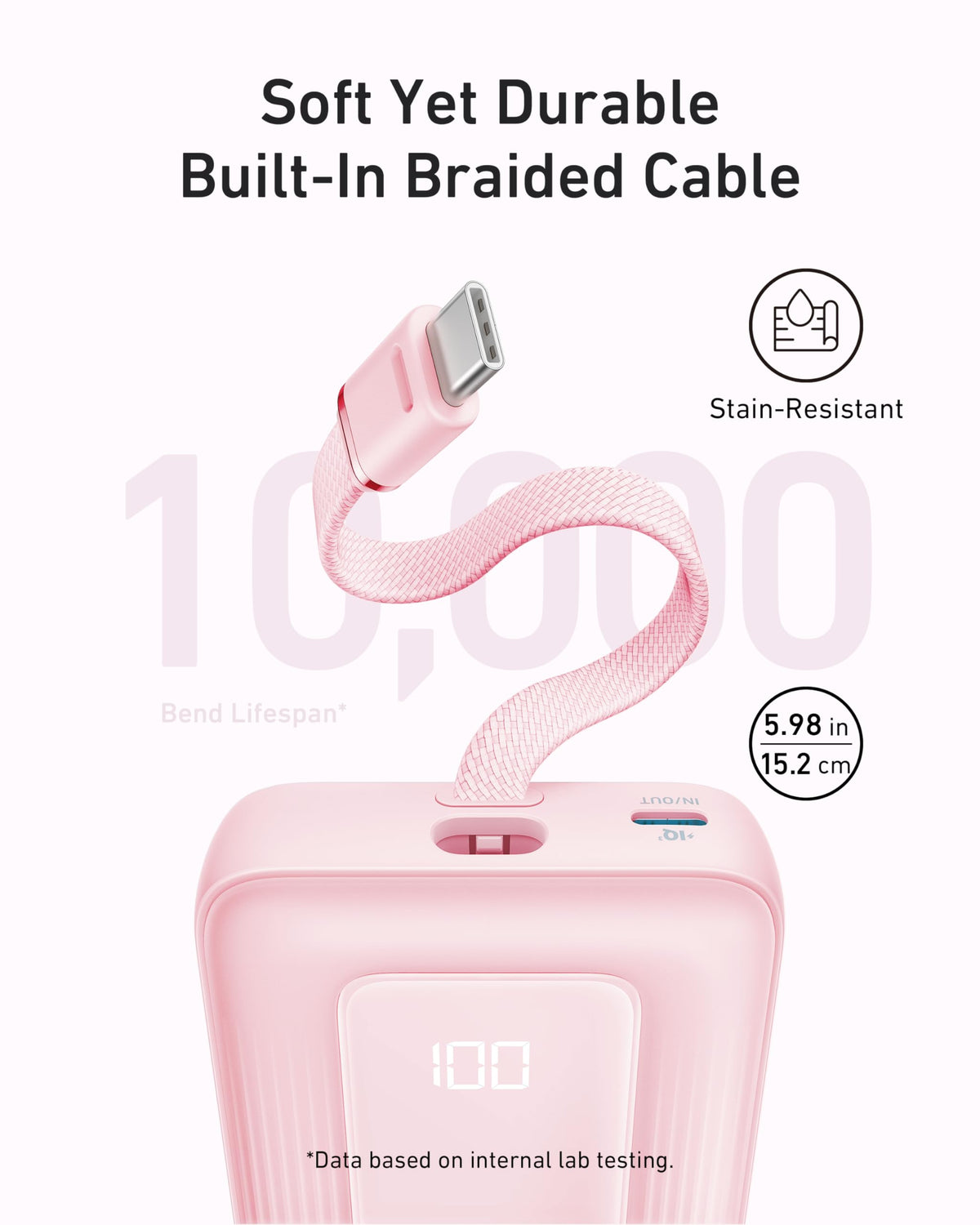 Anker pink power bank with soft braided cable for 10,000 bends
